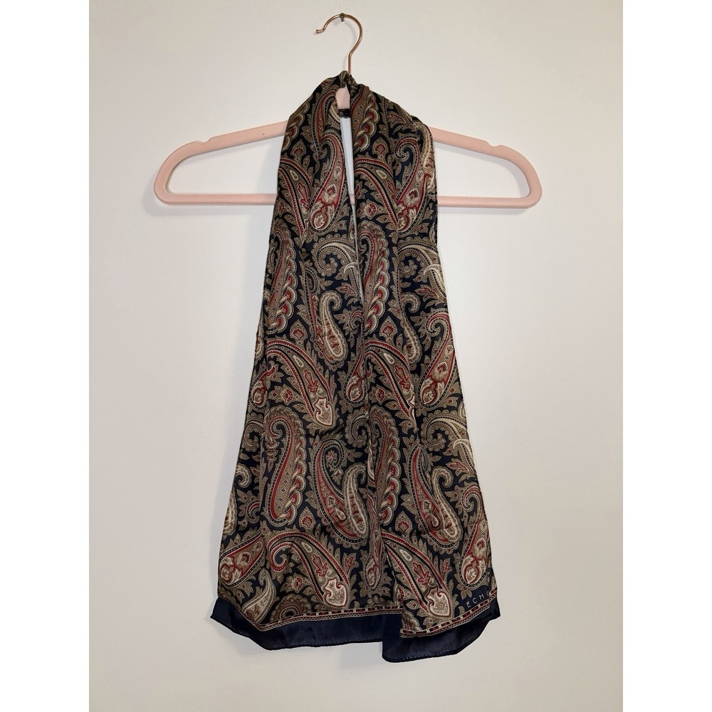 Vintage ECHO Silk Scarf Navy Blue Red Paisley  52Lx10W